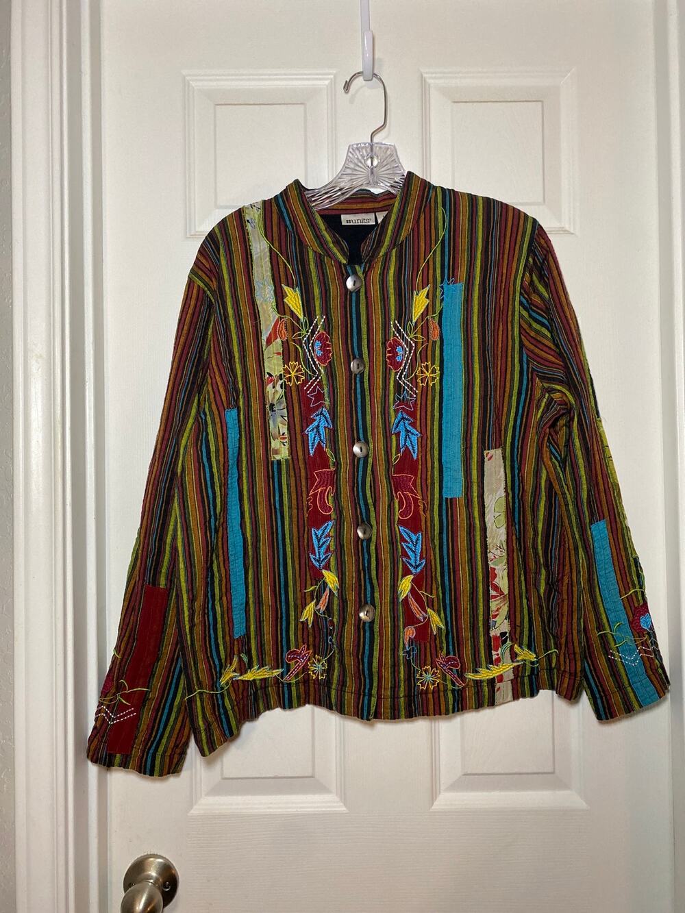 Vintage Units Boho Patchwork Embroidered Jacket L Striped Floral Art to Wear